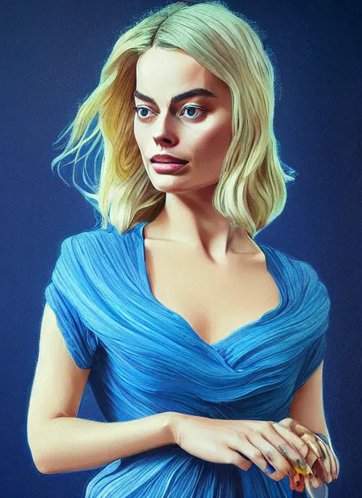 Image similar to margot robbie blue dress detailed clothing, half body shot, arms down, path traced, highly detailed, high quality, digital painting, alena aenami, lilia alvarado, shinji aramaki, karol bak, alphonse mucha, tom bagshaw