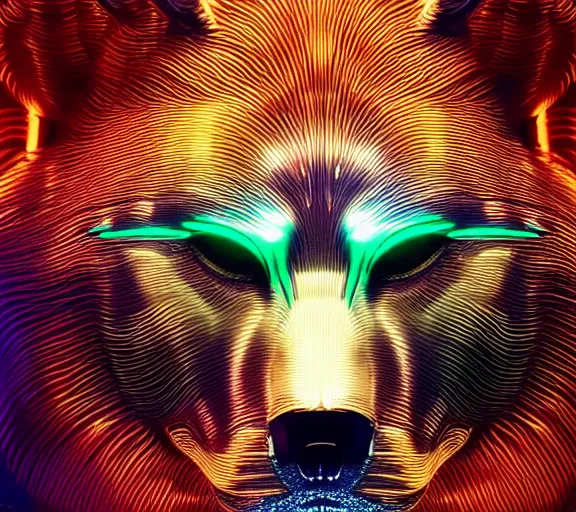 Image similar to chrome and gold wolf, glossy, metallic, neon, symmetrical, tribal patterns, realistic, unreal engine, octane, redshift, artstation, behance