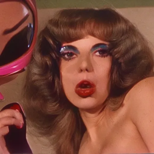 Image similar to Still from a Russ Meyer film about a woman and her friend, an anthropomorphic tooth, color 1970