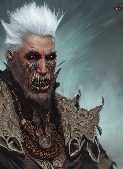 Image similar to An epic fantasy comic book style portrait painting of a supreme necromancer warlord with white hair , with many undead and skeleton warriors around him, painted by dreadjim and craig mullins, greg rutkowski, unreal 5, octane render, cosplay, RPG portrait, dynamic lighting