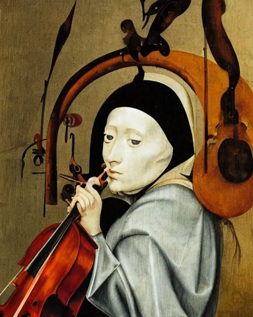 Prompt: a female cellist inspired by Hieronymous Bosch