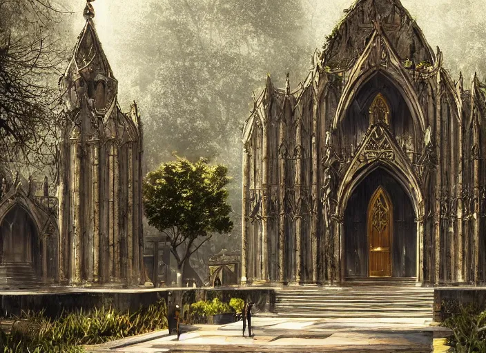 Prompt: A temple church in a beautiful elven city made of black and gold marble, anime, lush trees, fountain, a fantasy digital painting by Greg Rutkowski and James Gurney, trending on Artstation, highly detailed