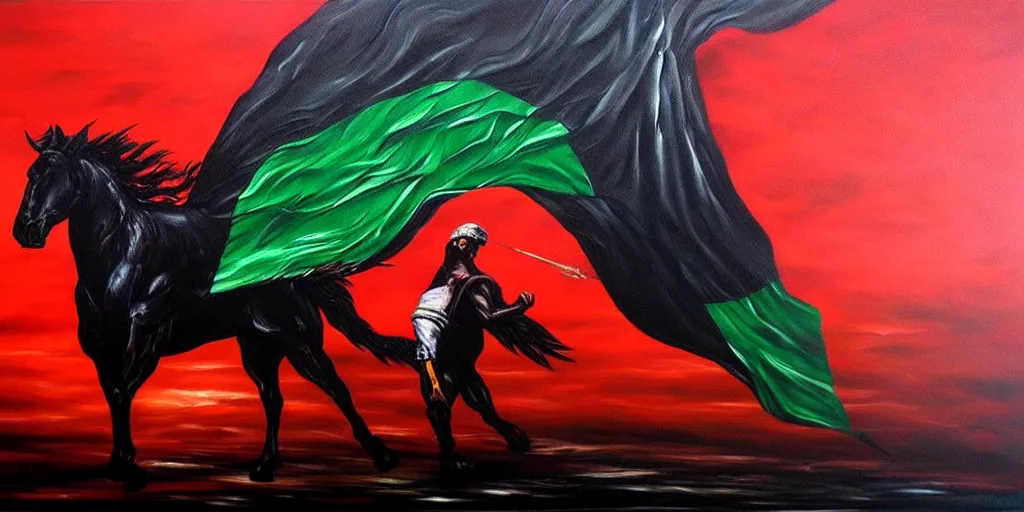 Image similar to dramatic epic dark oil painting of freedom for palestine, red green white black