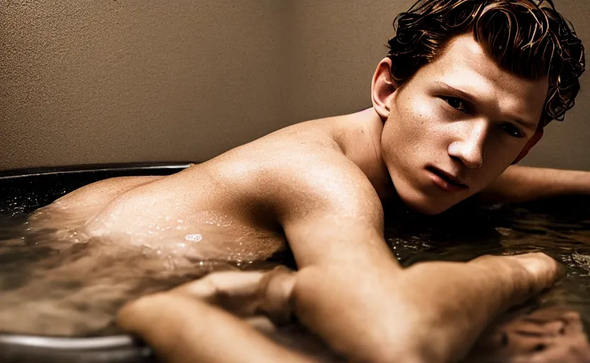 Image similar to photographic portrait by Annie Leibovitz of Tom Holland in a hot tub, closeup, foggy, sepia, moody, dream-like, sigma 85mm f/1.4, 15mm, 35mm, 4k, high resolution, 4k, 8k, hd, full color