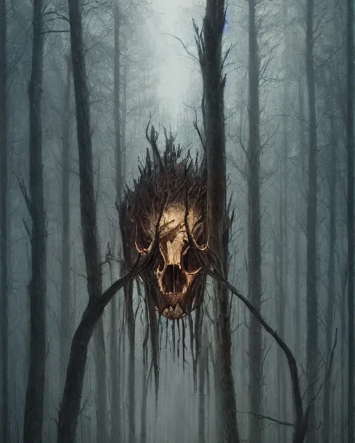 Image similar to oil painting of forest spirit made out of wooden sticks with a deer skull for a face, dark forest, fog, dark fantasy, gloomy, pale colors, by greg rutkowski