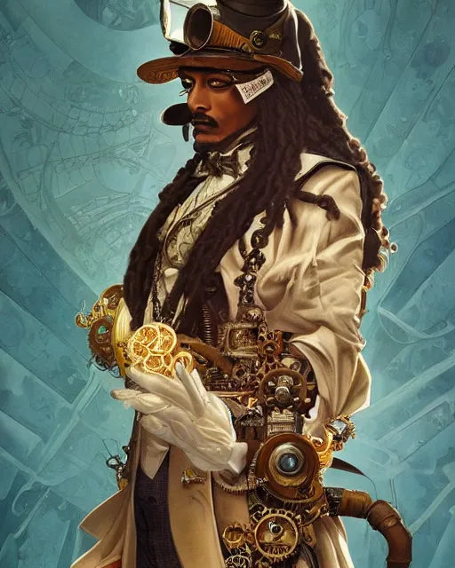 Image similar to steampunk snoop dog, masterpiece, intricate, elegant, highly detailed, digital painting, artstation, concept art, smooth, sharp focus, illustration, art by artgerm and greg rutkowski and alphonse mucha and uang guangjian and gil elvgren and sachin teng, symmetry!!