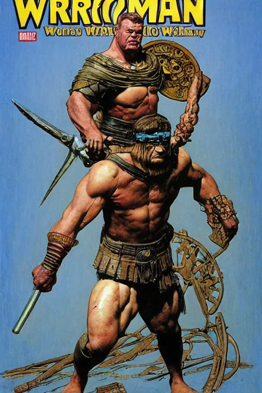 Image similar to full body portrait of jocko willink as huge warrior wearing a pants and a cape in the style of marvel's jack kirby, dynamic action, by lawrence alma tadema and zdzislaw beksinski and norman rockwell and tom lovell and greg staples and john william waterhouse