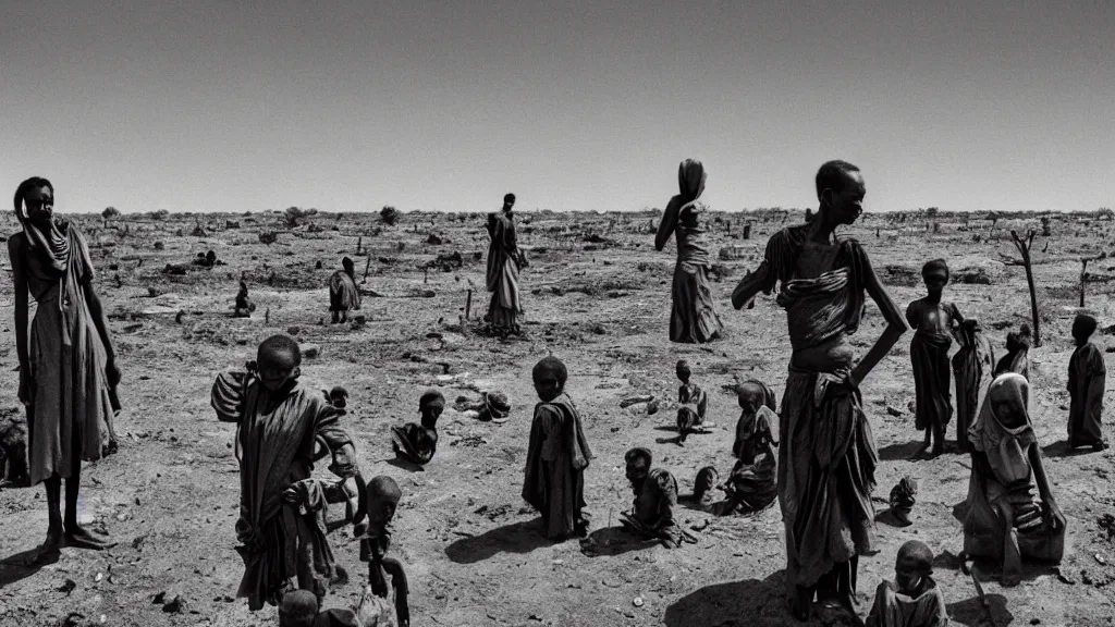 Image similar to 1984 Ethiopian famine and drought, atmospheric, portrait, movie scene, hd, 4k, wide angle