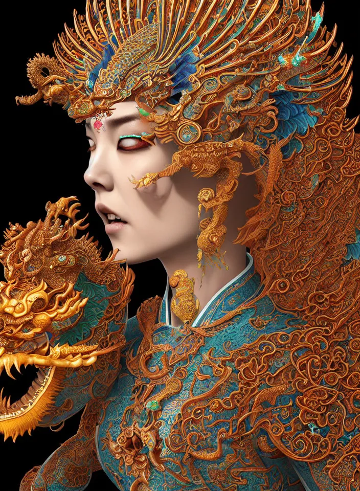 Prompt: 3 d goddess close up profile portrait with dragon skull, beautiful intricately detailed chinese opera motifs mask and clasical chinese cheongsam. crane, peacock, crap fish, bio luminescent, plasma, fire, water, wind, creature, artwork by tooth wu and wlop and beeple and greg rutkowski