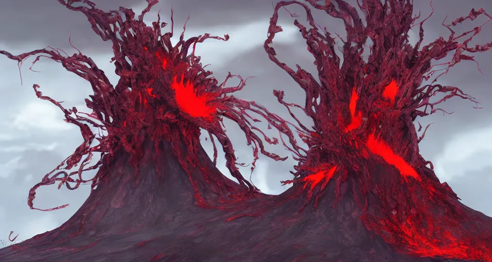 Image similar to a volcano made of ivory vines and crimson rocks enters in eruption, it spits a smoke in the shape of demonic eye, by Artstation
