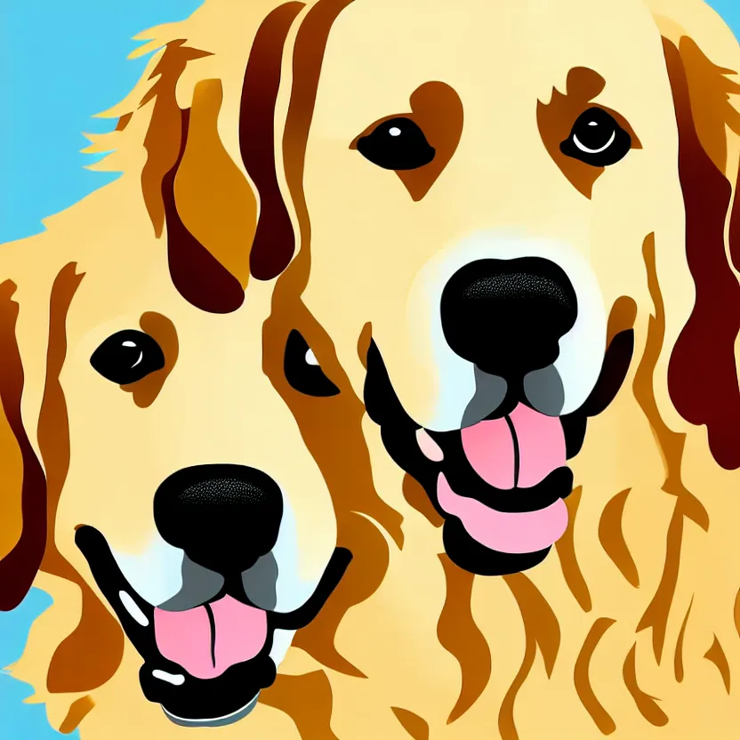 Image similar to golden retriever, full portrait, wide angle, solid white background, line art cartoon