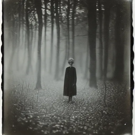 Image similar to an ancient evil-girl on a mysterious fractal forest, mist, 1910 polaroid photography, Black and white