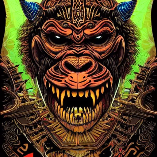 Image similar to barong family member, wiwek, mara demon, one single tribe member, jungle, one single mask, dark, ancient warrior, gorilla, lizard, tribal, inner glow, art by dan mumford and justin gerard