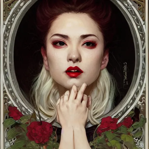 Prompt: portrait of a very beautiful vampire, top half of body, upset expression, by Stanley Artgerm Lau, greg rutkowski, thomas kindkade, alphonse mucha, loish, norman rockwell, J. C. Leyendecker. blinding white hair, japanese, dark skin, detailed eyes, red lips. Trending on artstation rule of thirds extremely detailed illustration hd 4k