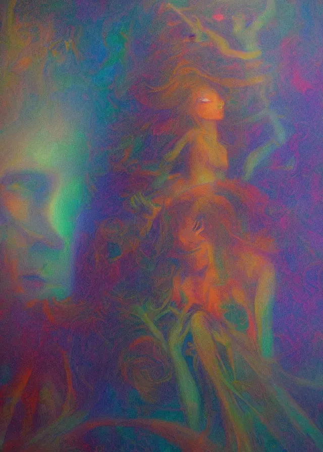 Image similar to serene deva of the golden blood mythos beloved deva (dreams) gnostic fog, award winning oil painting, chromatic aberration sharp colors