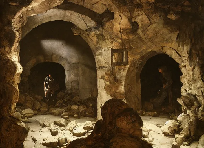 Prompt: underground cavern. fallen door. collapsed before the archway ( clearly once set in the arch ). heavy stone ( dark grey, pockmarked ). edgar maxence and caravaggio and michael whelan and delacroix style, artistic, intricate painting, cinematic lighting, hyper realistic, extremely detailed, vivid colors, establishing shot, dramatic lighting.