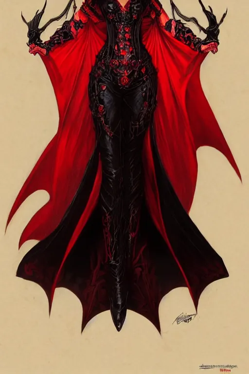 Image similar to Beautiful vampire female princess, black and red silk clothing, black demonic eyes, Full body shot, D&D, fantasy, intricate, elegant, highly detailed, digital painting, artstation, concept art, matte, sharp focus, illustration, hearthstone, art by Artgerm and Greg Rutkowski and Alphonse Mucha