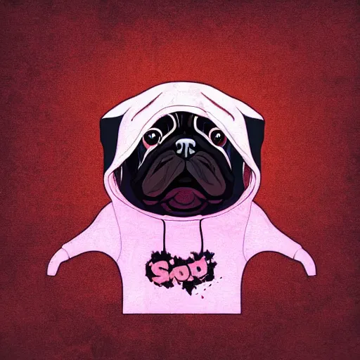 Image similar to a sad pug wearing a hoodie, the word ( sad ) is written on the hoodie in upper case letters, digital art, synthwave style, trending on artstation, matte painting