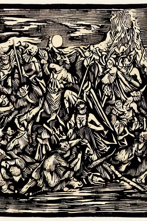 Image similar to a beautiful woodcut print of walpurgisnacht, 8 k, by vladimir zimikov