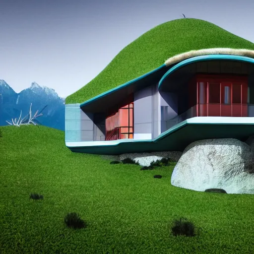 Image similar to wes anderson style modern futuristic house near the lake, snowy mountains and green forest, cinematic, realism, photo, detailed