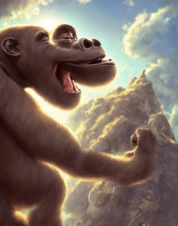 Prompt: a photo of harambe laughing at us from heaven, artstation, by nick silva and RHADS, intricate, elegant, highly detailed, digital painting, smooth, sharp focus