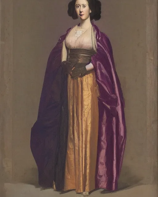 Image similar to a portrait of a woman in metallic multicolored long structured robes, muted background
