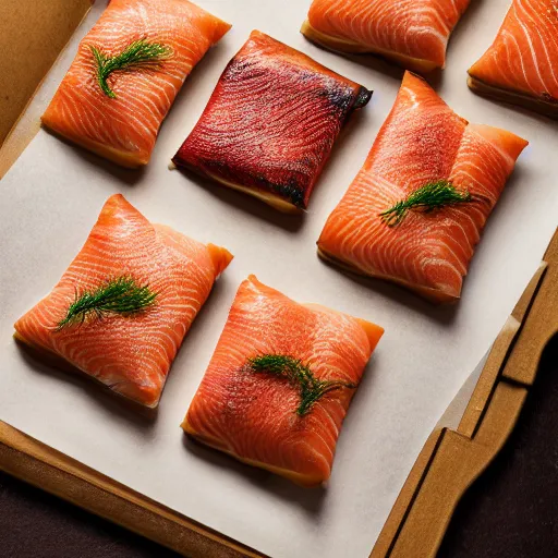 Image similar to thin pastry cases stuffed with smoked salmon and scallop, 8 k resolution, food photography, studio lighting, sharp focus, hyper - detailed