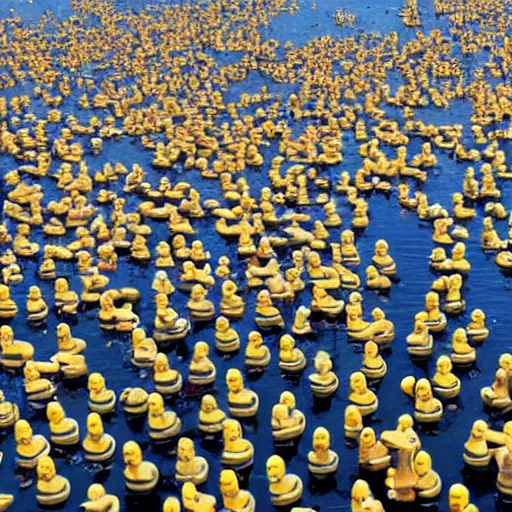 Prompt: thousands of rubber ducks spilling out into the ocean froma container ship accident