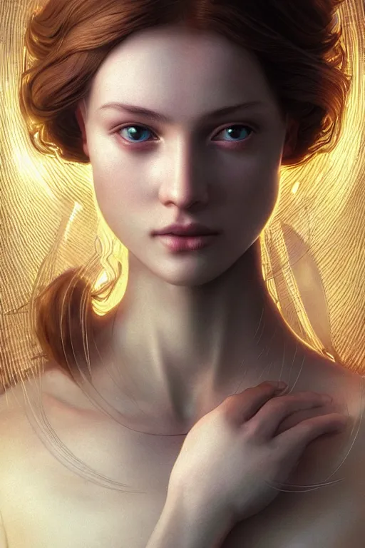 Image similar to beautiful and enigmatic artificial intelligence held captive in a remote research facility. vulnerability and innocence, ultra realistic, sharp details, subsurface scattering, intricate details, warm lighting, beautiful features, highly detailed, photorealistic, octane render, 8 k, unreal engine, art by artgerm and greg rutkowski and alphonse mucha