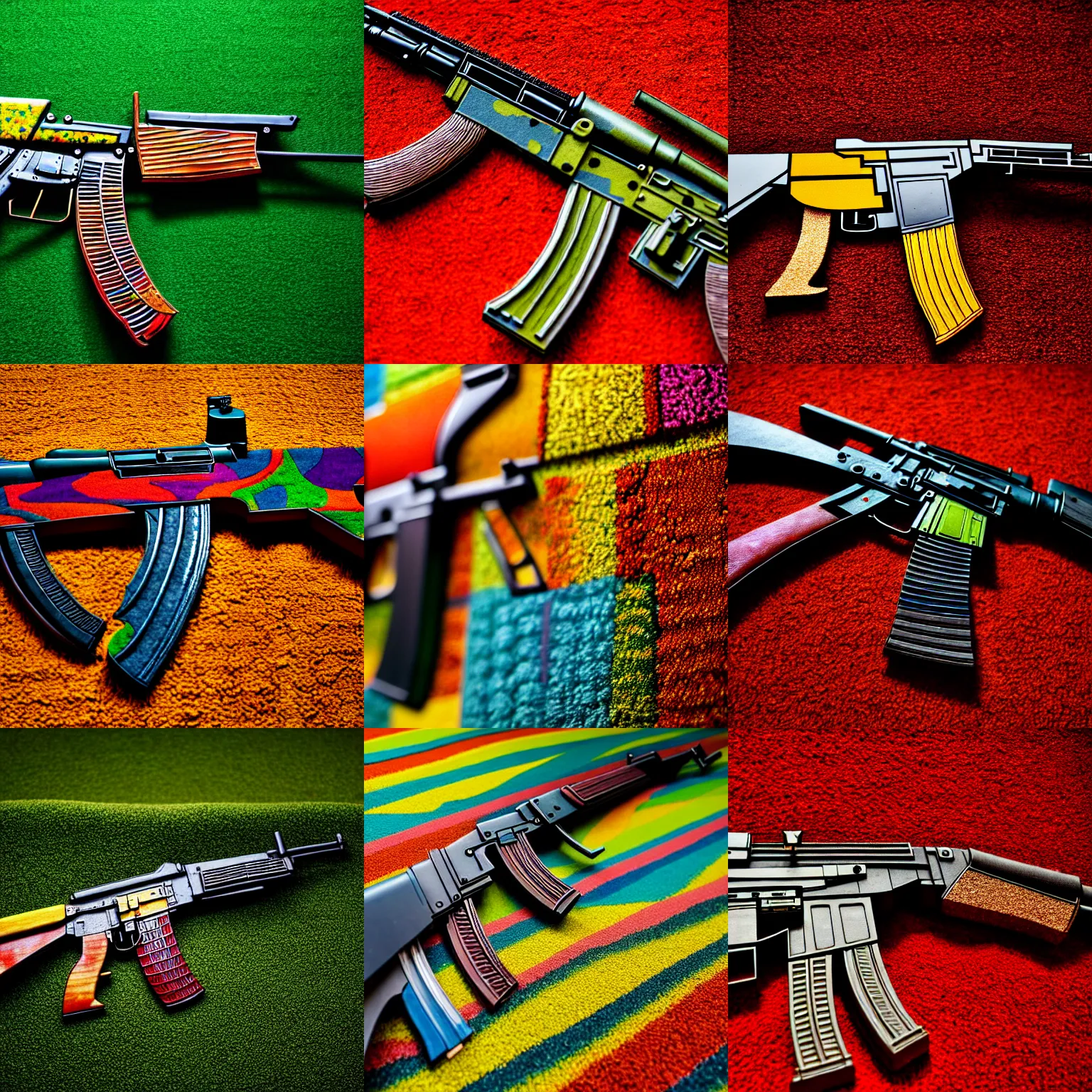 Prompt: close up shot of an accurate carpeted figure of an AK-47, colourful, lots of detail, depth of field, intricate, delicate, by Jonas Jensen, Magnum photos