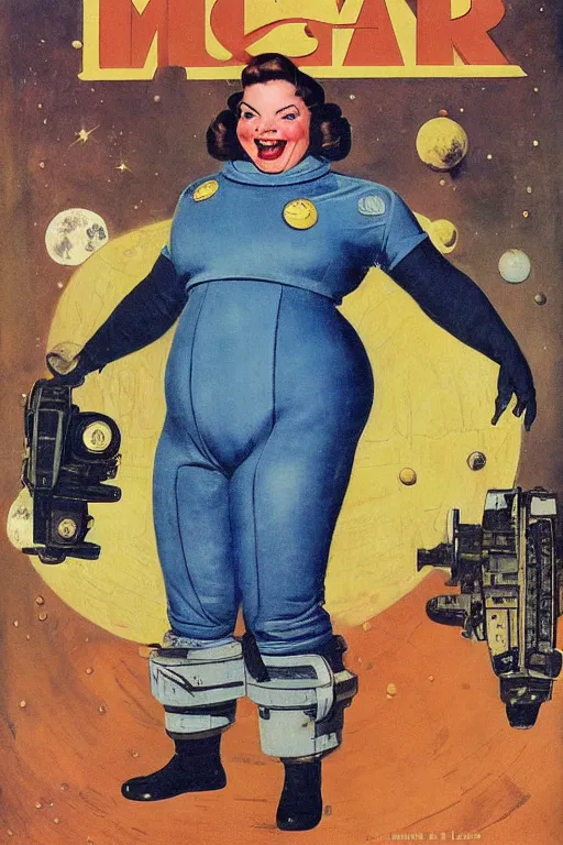 Image similar to 5 0 s pulp scifi fantasy illustration full body portrait cheerful overweight woman in leather spacesuit on mars, by norman rockwell, roberto ferri, daniel gerhartz, edd cartier, jack kirby, howard v brown, ruan jia, tom lovell, frank r paul, jacob collins, dean cornwell, astounding stories, amazing, fantasy, other worlds