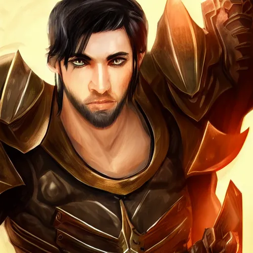 Image similar to male with black hair and green eyes wearing paladin armor, realistic, detailed eyes, detailed, 4k, illustration, muscle, handsome, fantasy