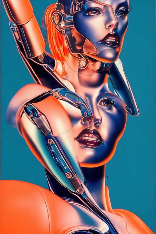 Image similar to cyborg art by Hajime Sorayama and Artemisia Gentileschi, centered, symmetrical, led, teal and orange, bilateral symmetry, third person, 70s poster, blade runner, kubrik, 2D matte illustration