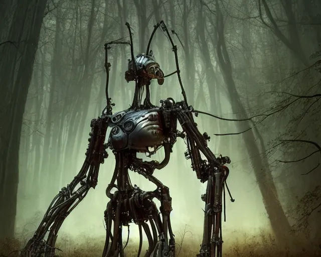 Image similar to photo of general grievous with heavy duty biomechanical hydraulic cybernetic body and 4 arms holding lightsabers in the forest. cyberpunk horror style. highly detailed 8 k. intricate. nikon d 8 5 0 5 5 mm. award winning photography. art by hr giger and zdzislaw beksinski in the style of hzd