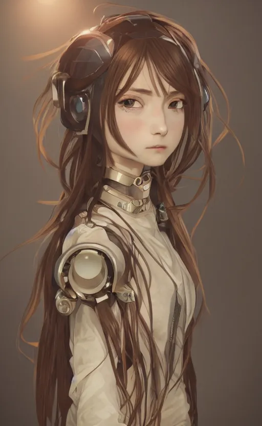 Prompt: a girl, fused robot parts, vintage clothing, anime style, long hair, hair down, symmetrical facial features, from arknights, hyper realistic, 4 k, rule of thirds, extreme detail, detailed drawing, trending artstation, hd, d & d, realistic lighting, by alphonse mucha, greg rutkowski, sharp focus, backlit