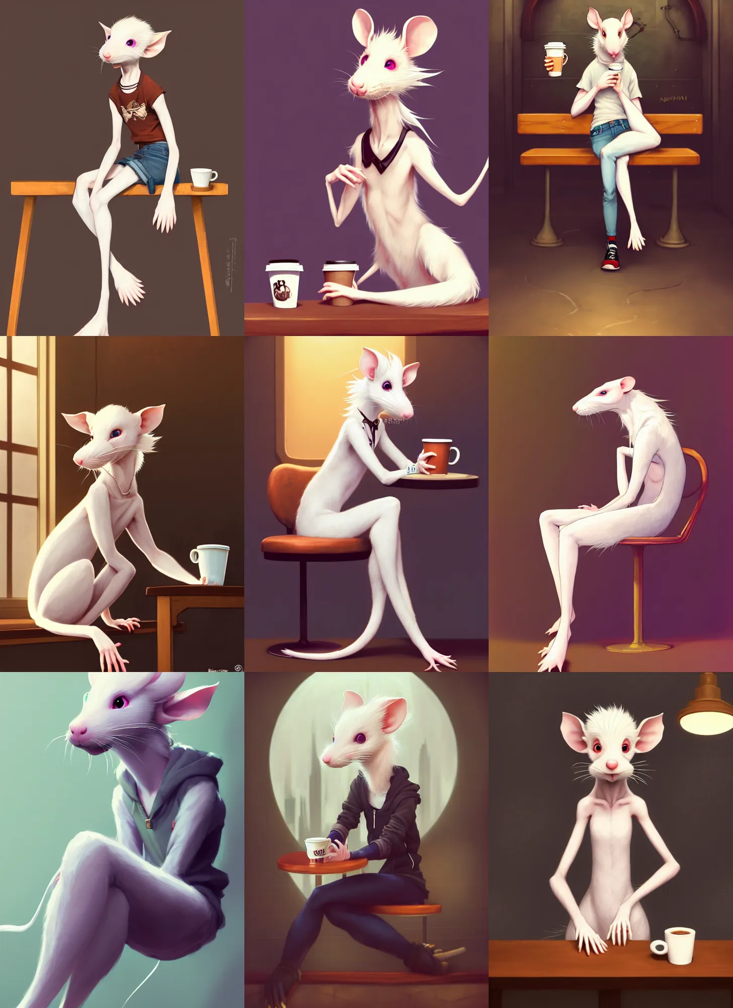 Prompt: full body portrait of a female anthropomorphic albino rat hipster fursona sitting in a coffee shop. detailed character design by disney, charlie bowater, ross tran, artgerm, and makoto shinkai, detailed, soft lighting, rendered in octane