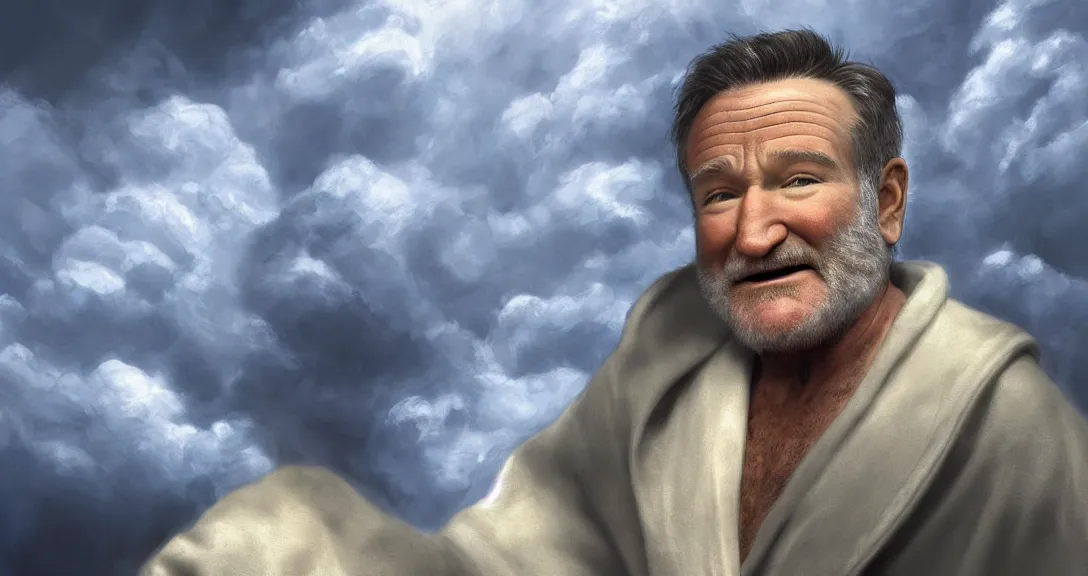 Prompt: robin williams is god, white beard, clouds, heaven, blue eyes, white robe, single subject, intricate, detailed, volumetric lighting, scenery, digital painting, highly detailed, artstation, sharp focus