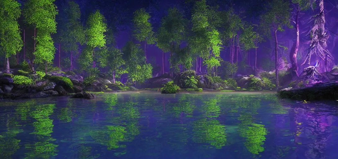 Prompt: beautiful fantasy view of forest river at night, accurate ray tracing, bioluminescence, glowing water caustics, purple glow, blue neon particles, dappled light, reflections, liquid refraction, calm lighting, ultra detailed, sharp, ambient occlusion, raytracing, vibrant, vivid colors, artistic, by dylan cole, sebastian meyer and jordan grimmer