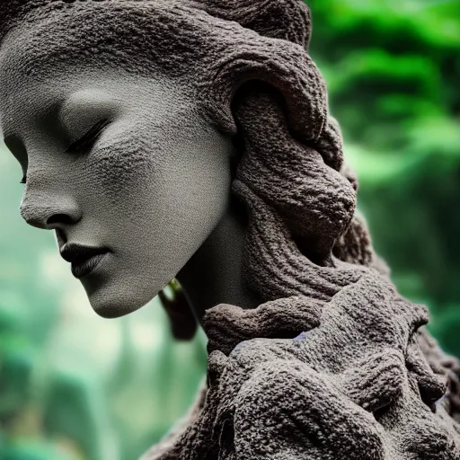 Image similar to beautiful stone woman, lava flowing, exotic trees, bare bark, dark eyes, low angle mist, high octane, frostbite, 8 k, cinematic, 3 5 mm, h 6 4 0