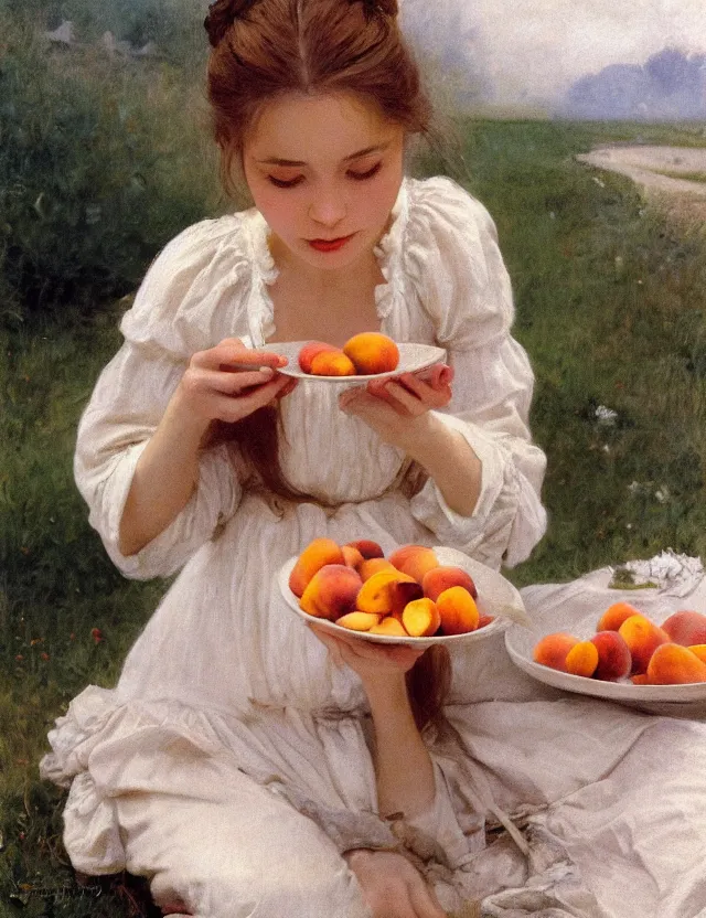 Image similar to peasant girl eating peaches, portrait, lolita style, Cottage core, Cinematic focus, Polaroid photo, vintage, neutral colors, soft lights, foggy, by Steve Hanks, by Serov Valentin, by Andrei Tarkovsky, by Terrence Malick, 8k render, detailed, oil on canvas