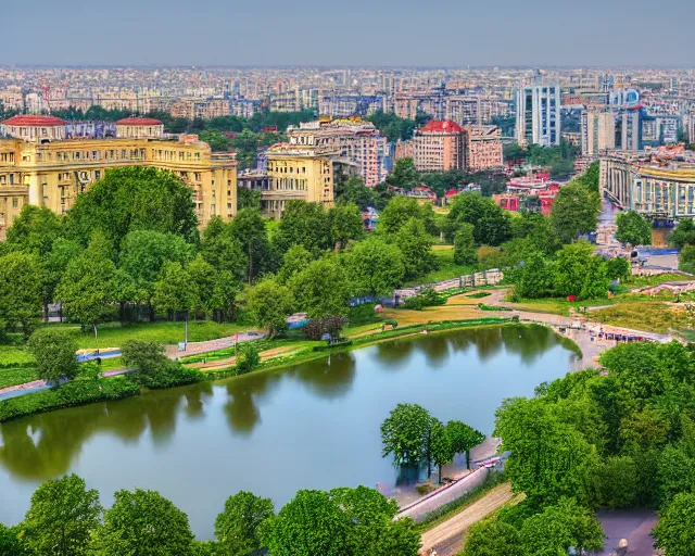 Prompt: 4 k hd, high resolution photograph of i. o. r. park in bucharest, full colour, shot with sigma f / 4. 2, 2 5 0 mm sharp lens, wide shot, high level texture render