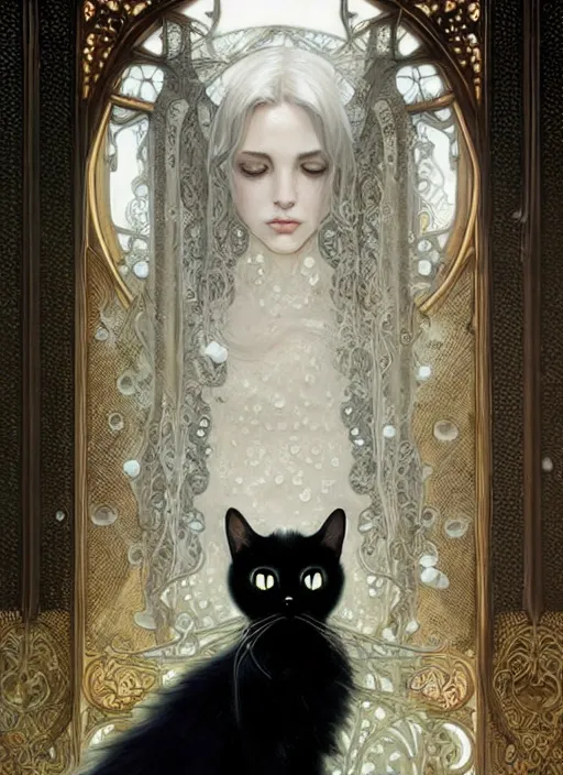 Prompt: black cat with white spots taking shelter from rain, fantasy, intricate, elegant, hyper detailed, ultra definition, photoreal, artstation, unreal engine rendered, concept art, smooth, sharp focus, illustration, art by artgerm and greg rutkowski and alphonse mucha and garis edelweiss