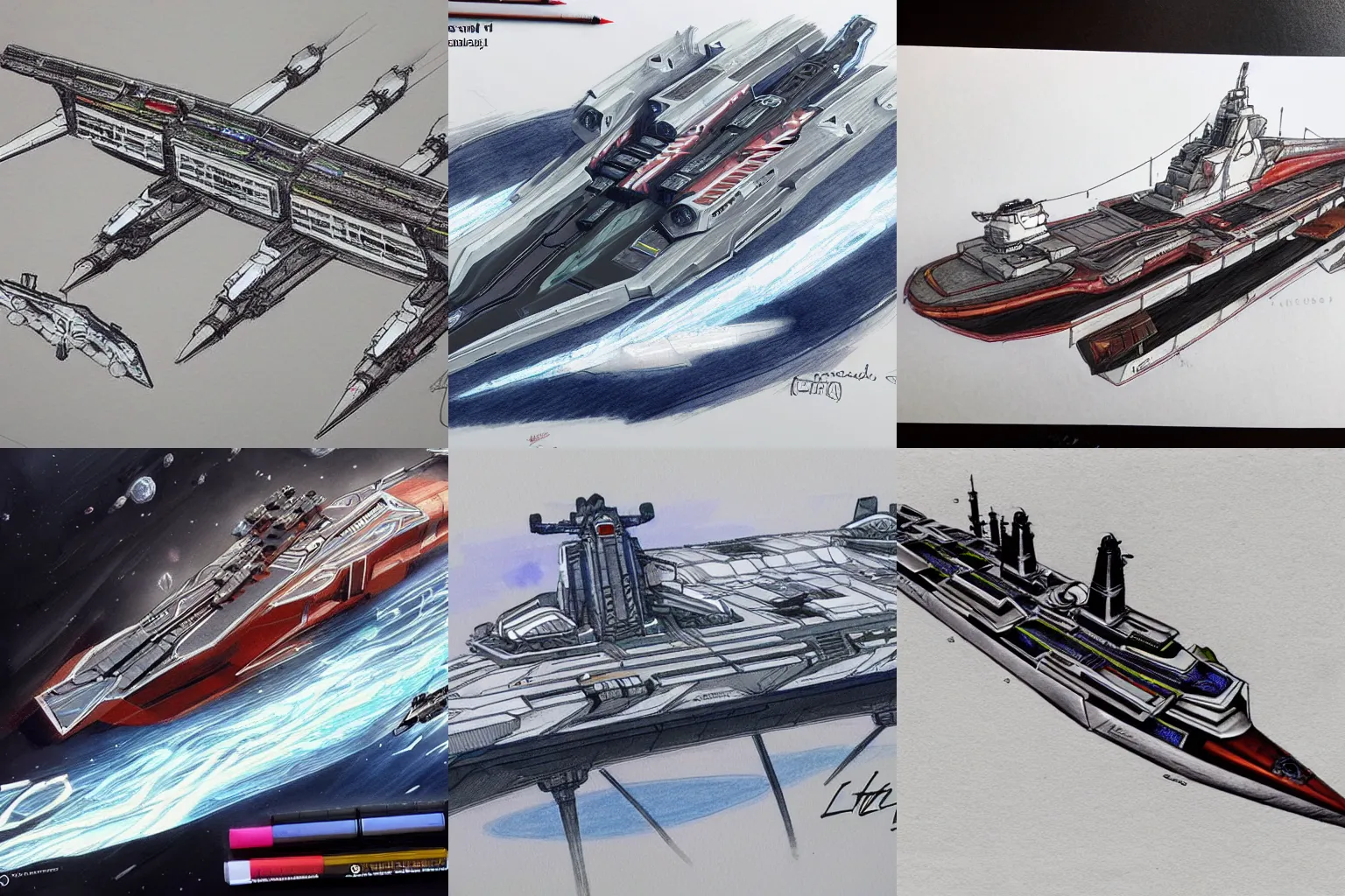 Prompt: Guardian AI mega ship, concept art from game Elite Dangerous, copic marker sketch, leaked photo