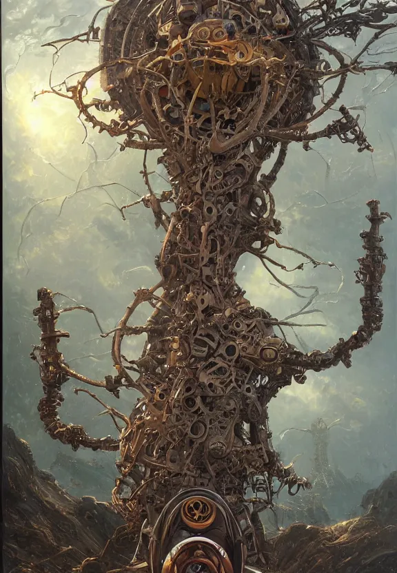 Prompt: perfectly centered, front view of a biomechanical tree of life robot, flowing hair, intense stare, symmetrical, concept art, intricate detail, volumetric shadows and lighting, realistic oil painting by tim hildebrandt and greg rutkowski,