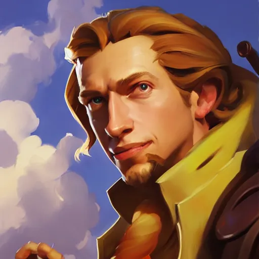 Image similar to Greg Manchess portrait painting o Guybrush Threepwood as Overwatch character, medium shot, asymmetrical, profile picture, Organic Painting, sunny day, Matte Painting, bold shapes, hard edges, street art, trending on artstation, by Huang Guangjian and Gil Elvgren and Sachin Teng