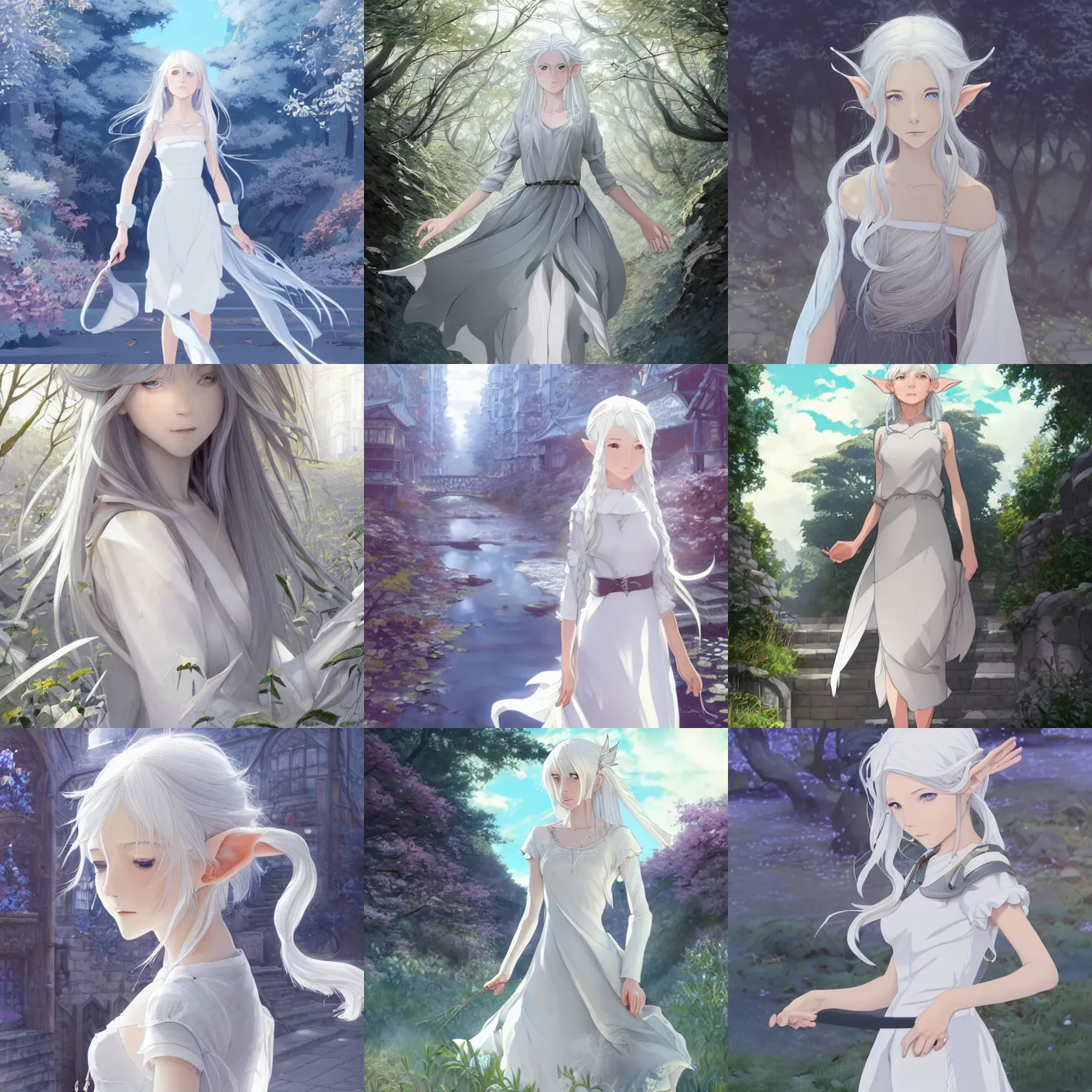 Prompt: Portrait of a beautiful silver-haired elf wearing a white dress walking through a city reclaimed by nature, fantasy, detailed facial features, highly detailed, artstation, official artbook, official Kyoto Animation and Studio Ghibli anime screenshot, by Ilya Kuvshinov and Krenz Cushart