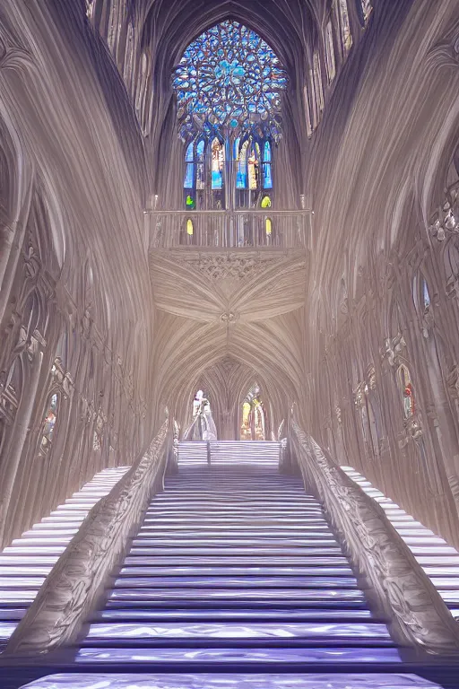 Image similar to a crystal and opal staircase in the cathedral of light, light sweep, glowing, stencil volume shadows, lighting rendered in unreal engine 5 and cinema 4 k
