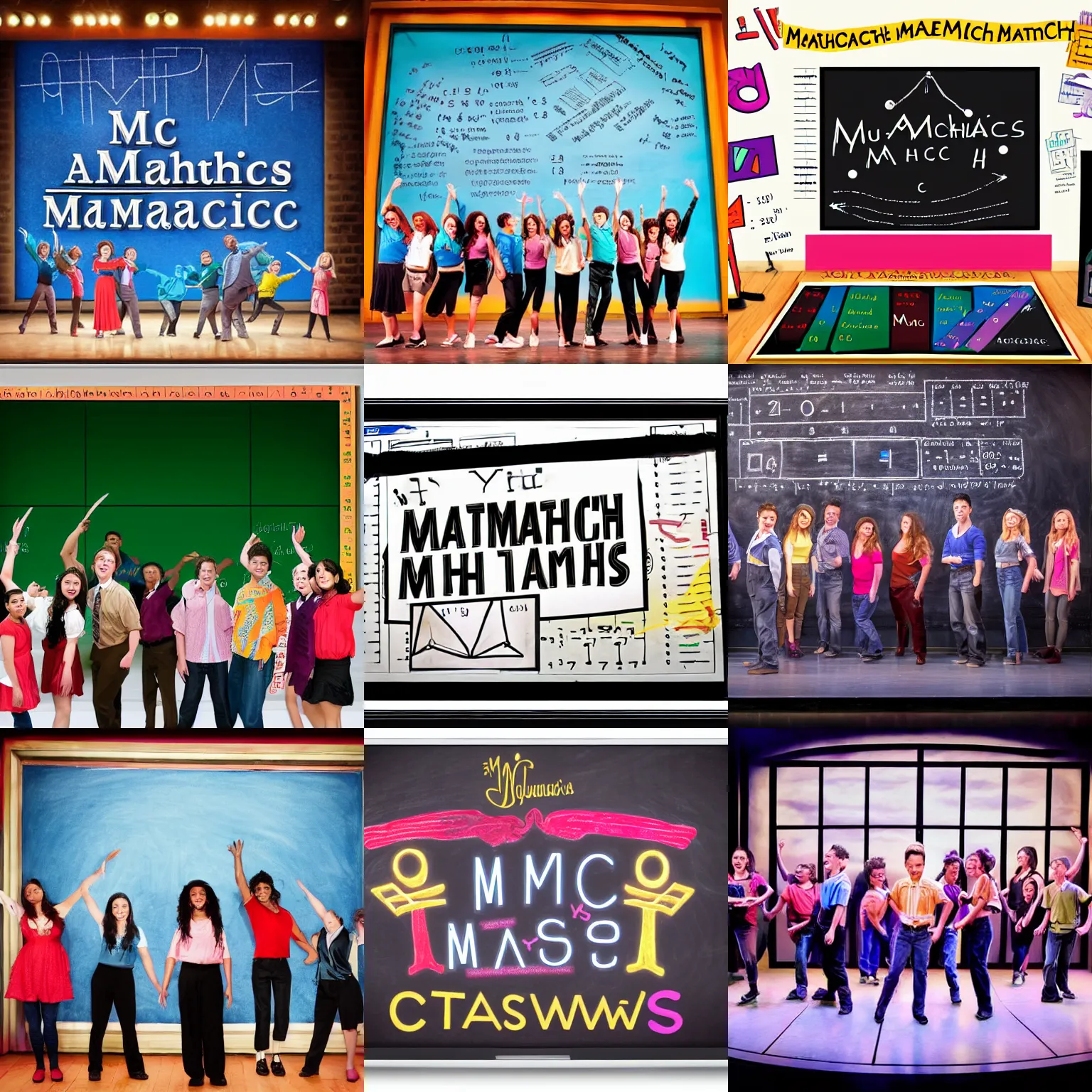 Prompt: mathematics the musical on broadway, cast, classroom chalkboard, promotional photo, stage lighting