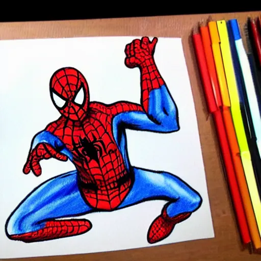 Prompt: crayon drawing of spiderman vs a gun, drawn by a 6 year old