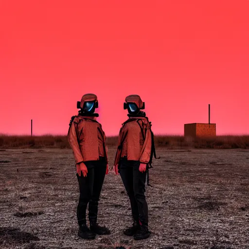 Prompt: photograph 2 techwear women in front of a brutalist metal building, on a desolate plain, red sky, sigma 8 5 mm f / 1. 4, 4 k, depth of field, high resolution, octane render, 4 k, 8 k, hd, full color